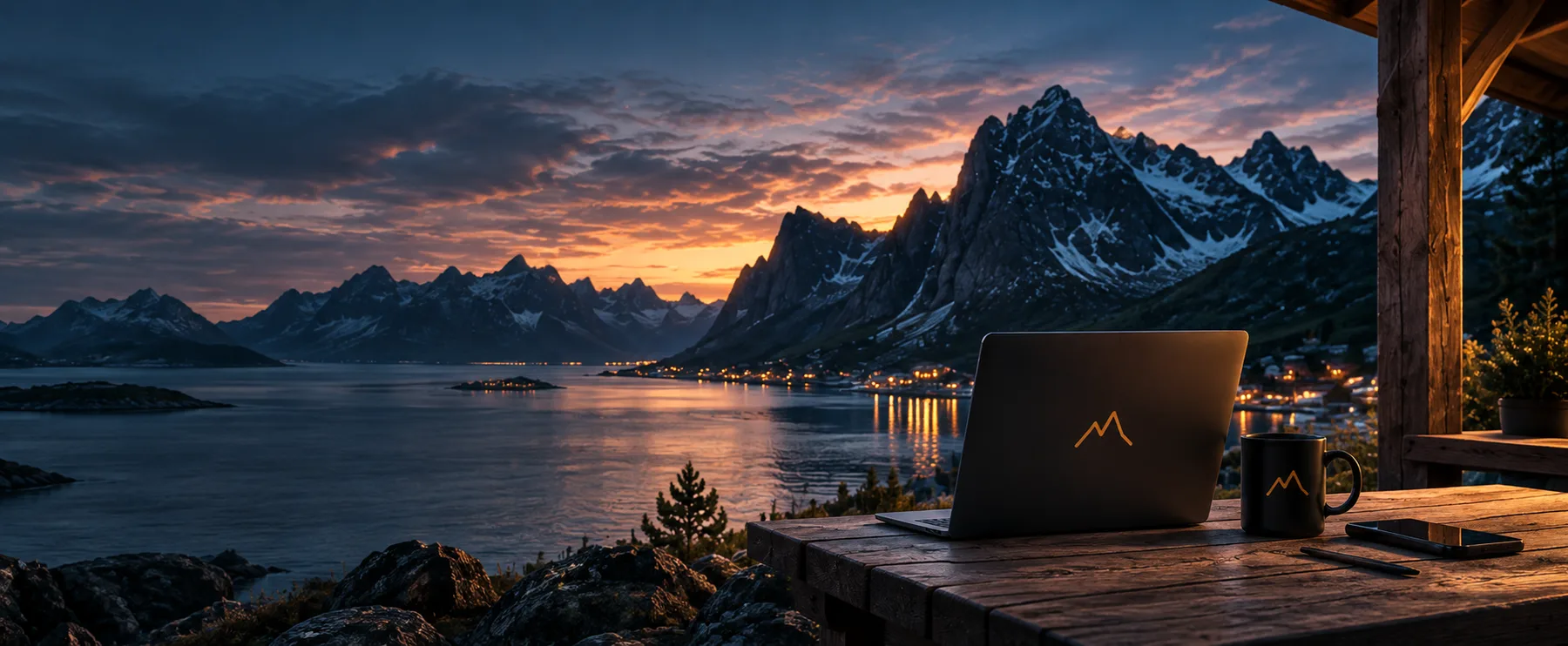 Arbeidsplass med bærbar PC og utsikt over fjord og fjell på Senja i solnedgang